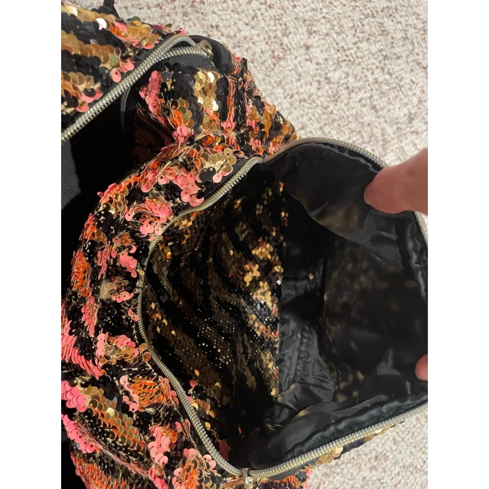 Girls' Backpack-Justice Pink Black Gold Flip-Sequin Zebra (Back to School)